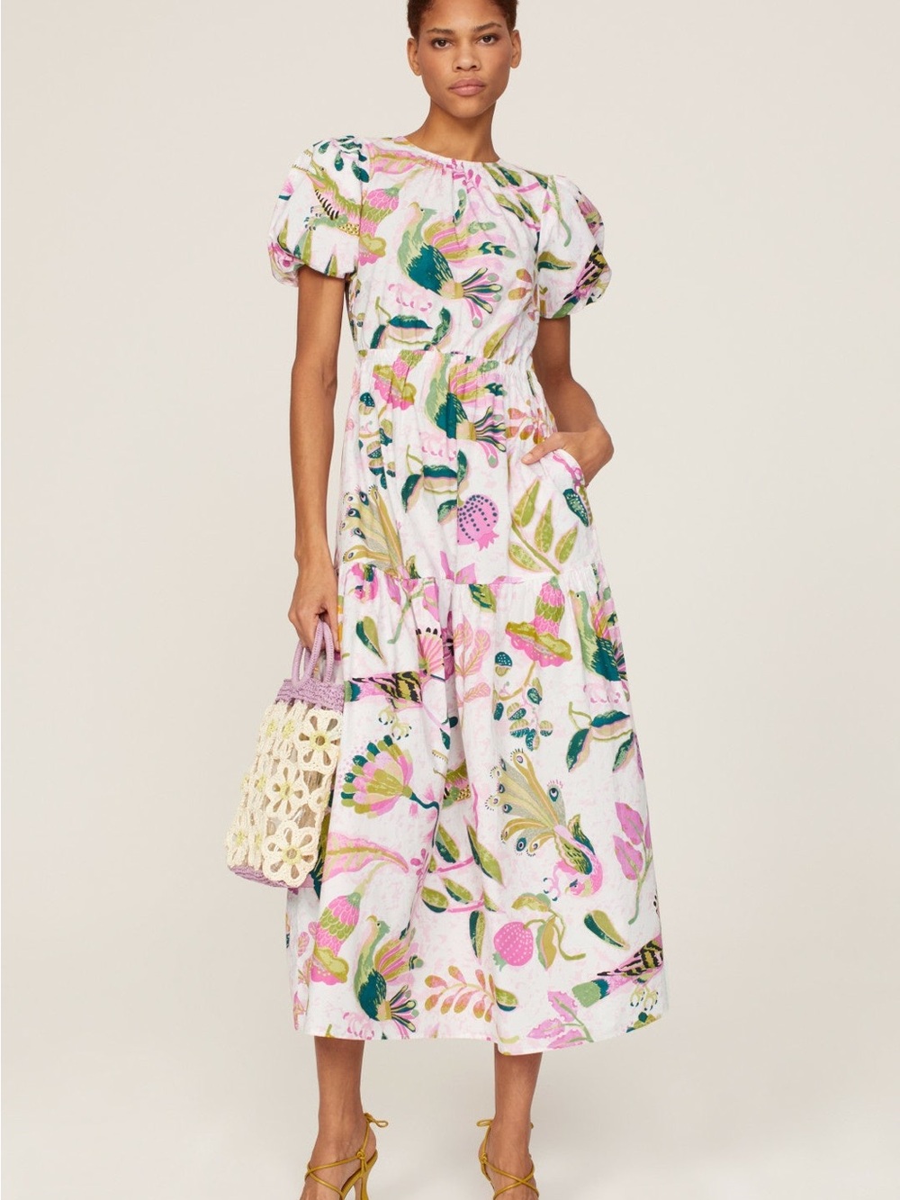 Floral Open-Back Puff Sleeve Midi Dress in Pink